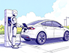 電気自動車に充電している白いロボットのイラスト