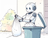 ゴミ袋をゴミ箱に捨てようとしている白いロボットのイラスト