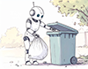 ゴミ袋を持ってゴミ箱に向かって歩いている白いロボットのイラスト