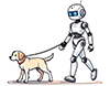 犬を散歩させている白いロボットのイラスト