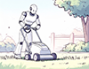 芝刈り機で芝生を刈っている白いロボットのイラスト