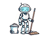 箒とゴミ箱を持っている白いロボットのイラスト