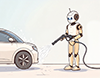 ホースで車を洗車している白いロボットのイラスト