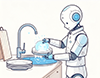 シンクで食器を洗っている白いロボットのイラスト