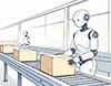 工場でベルトコンベアの荷物を運ぶロボットのイラスト