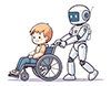 車いすに座った子供を押している白いロボットのイラスト