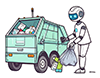 ゴミ袋をゴミ収集車に入れようとしている白いロボットのイラスト