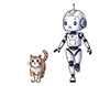 猫と散歩している白いロボットのイラスト