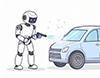 高圧洗浄機で車を洗車している白いロボットのイラスト