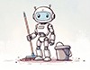 箒とバケツを持っている白いロボットのイラスト