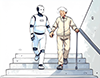 階段を上るお年寄りの手を引いて助けている白いロボットのイラスト