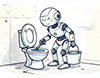 トイレを掃除している白いロボットのイラスト