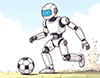 サッカーボールを蹴ろうとしている白いロボットのイラスト