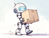 大きなダンボール箱を運んでいる白いロボットのイラスト