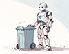 ゴミ箱の横に立っている白いロボットのイラスト