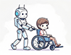 車いすに座った子供を押している白いロボットのイラスト