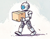 大きなダンボール箱を運んでいる白いロボットのイラスト