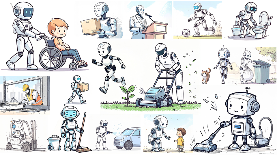 「車いすを押すロボット」「荷物を運ぶロボット」「掃除をするロボット」「芝刈りをするロボット」「子どもと触れ合うロボット」など、さまざまな仕事をするロボットのイラスト